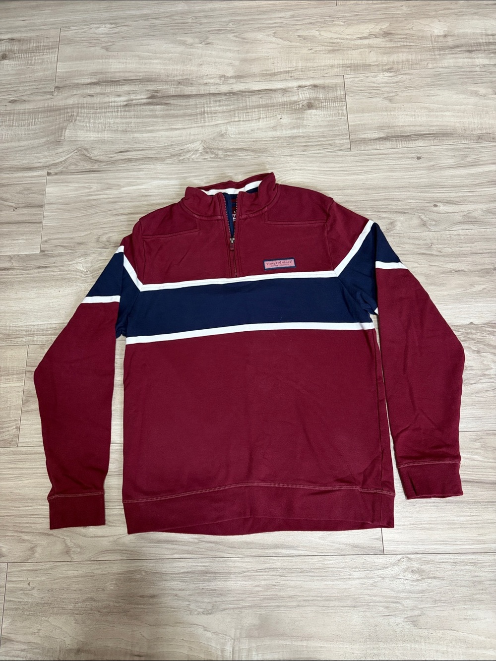 Vineyard Vines Burgundy Half-Zip Sweater with Navy & White Stripes